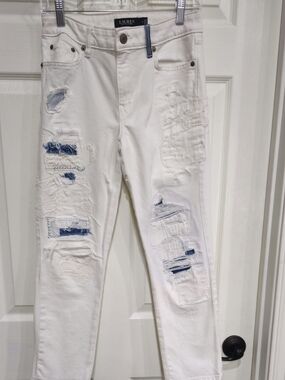 Ralph Lauren White Ankle Jeans with Blue Patchwork